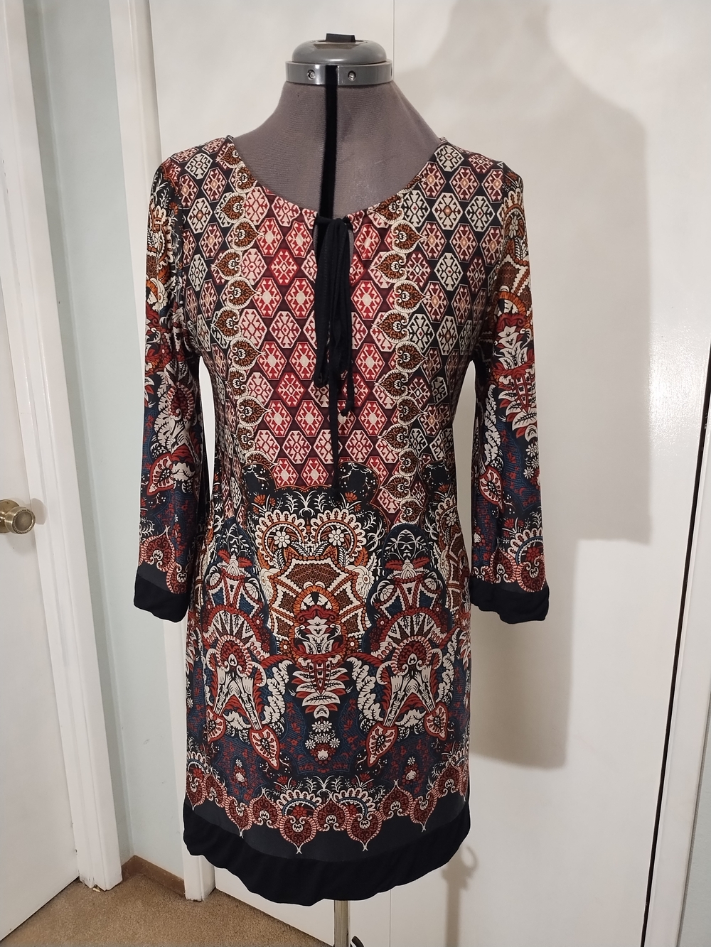 Boho 3/4 Bell Sleeve Tunic Dress in Red and Navy, L